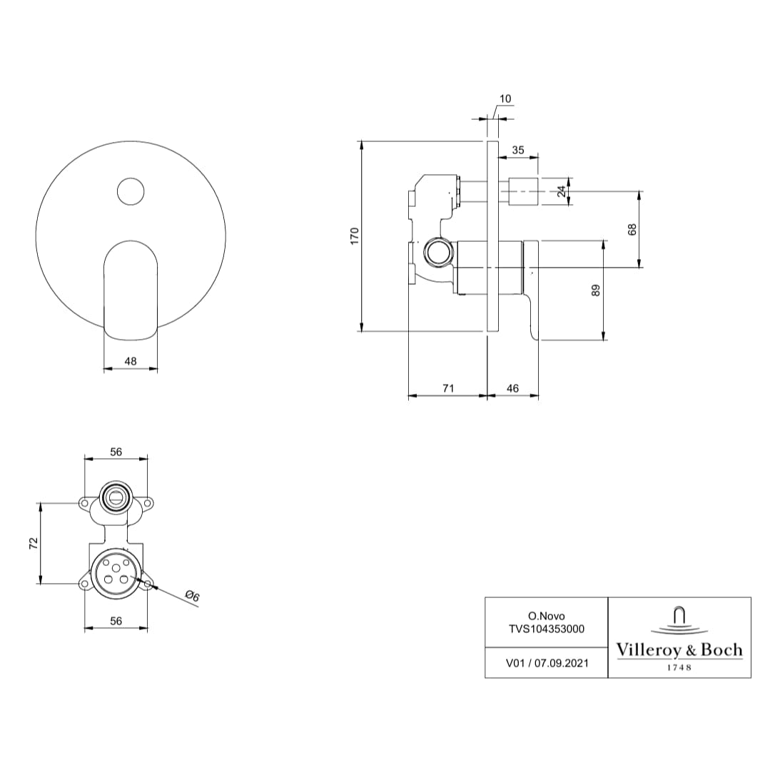 Villeroy & Boch Concealed Shower Valve Villeroy & Boch O.novo 2 Outlet Single Lever Trim Set in Chrome