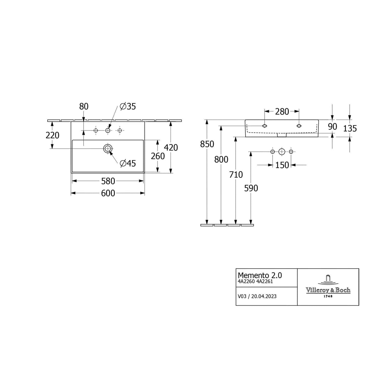 Villeroy & Boch Wall Hung Basin Villeroy & Boch Memento 2.0 Wall Hung Basin with Overflow in White Alpin