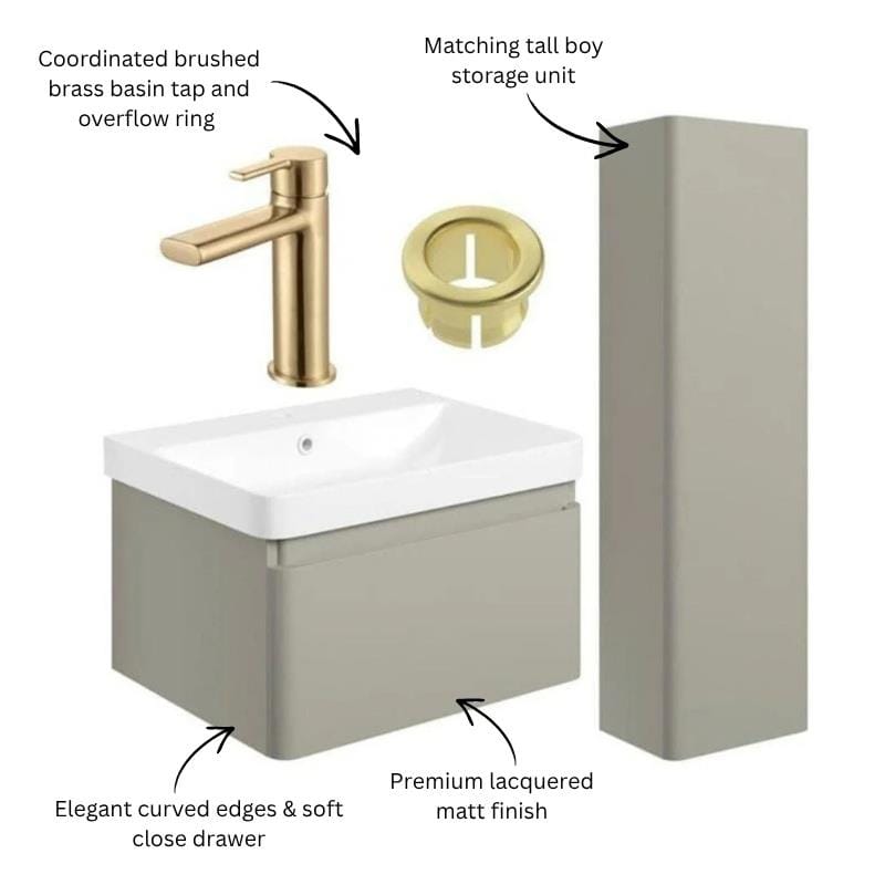 Aquarius Bathrooms Wall Mounted Vanity Unit Aquarius Sophie 605mm Wall Hung Vanity Unit, Tall Boy Storage Unit, Tap and Fittings Bundle