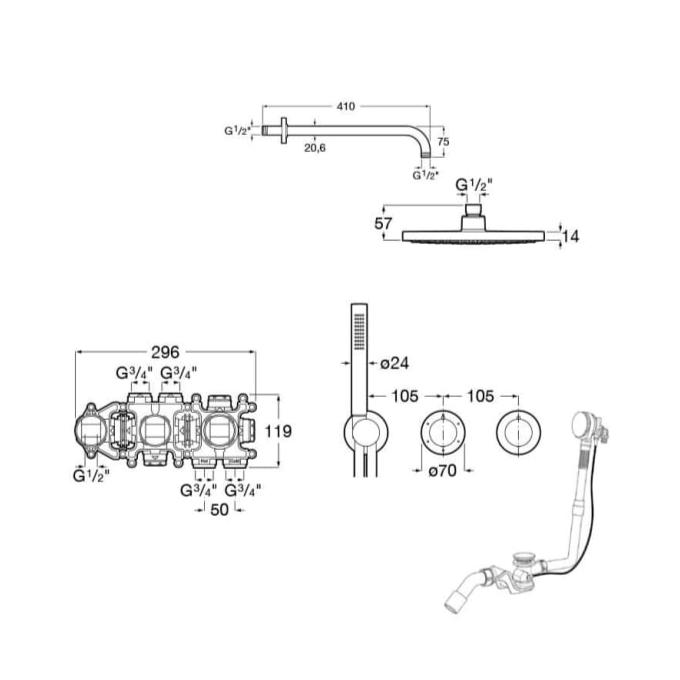 Roca Concealed Shower Set Roca T-Multi Thermostatic Concealed Shower Valve with Rainshower Head, Pencil Handset and Overflow Bath Filler