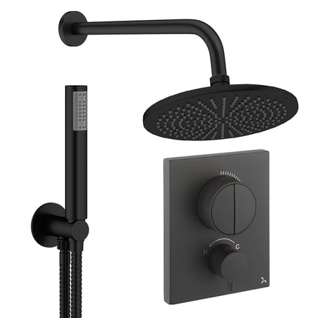 UK Bathroom Store Concealed Shower Set Matt Black / Wall Arm / 300mm Crosswater Crossbox Push Shower Set 1 - 2 Outlet with Fixed Overhead Shower and Pencil Handset