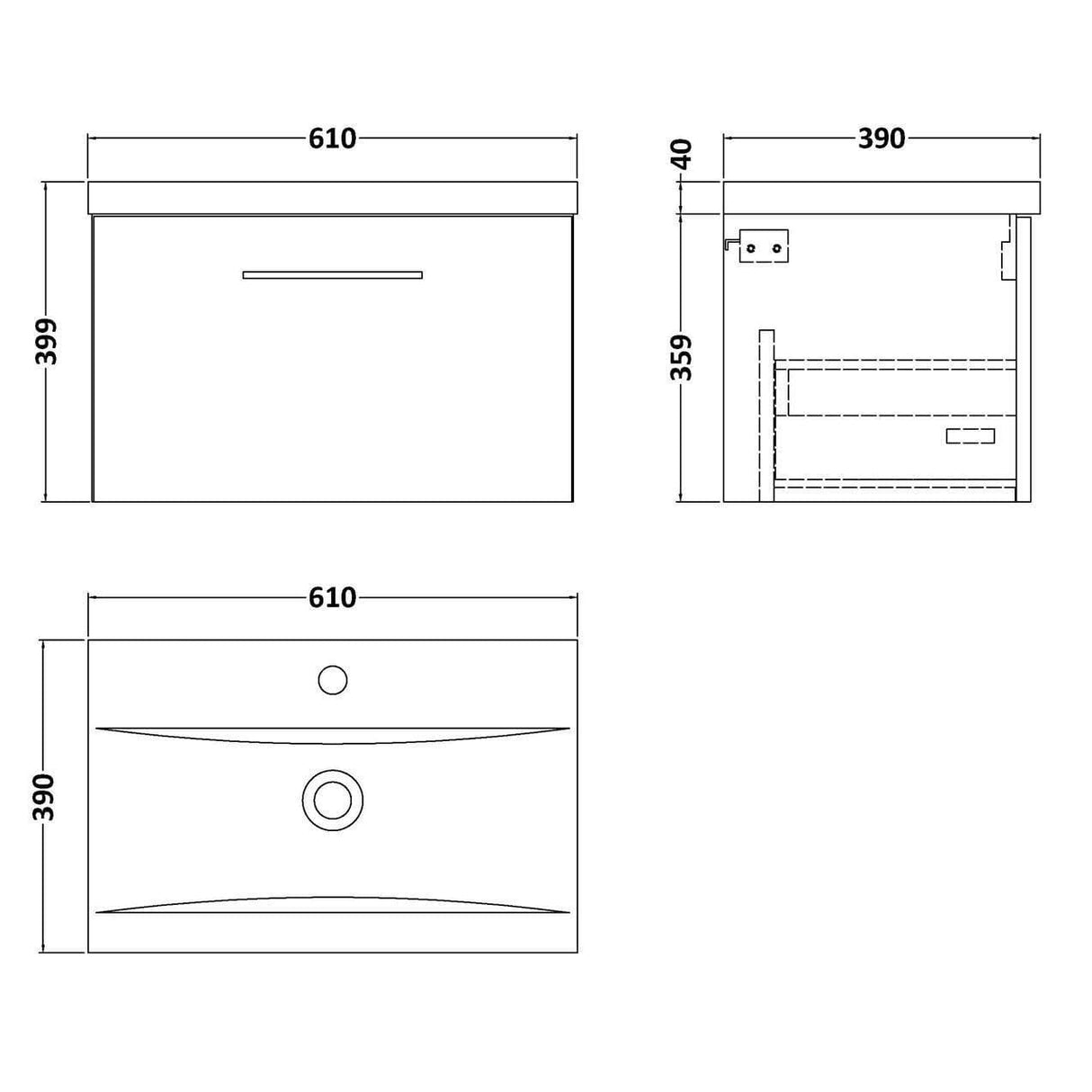 Aquarius Bathrooms Wall Mounted Vanity Unit Aquarius Brisbane 600mm Wall Hung 1 Drawer Vanity Unit with 1 Tap Hole Mid Edge Basin
