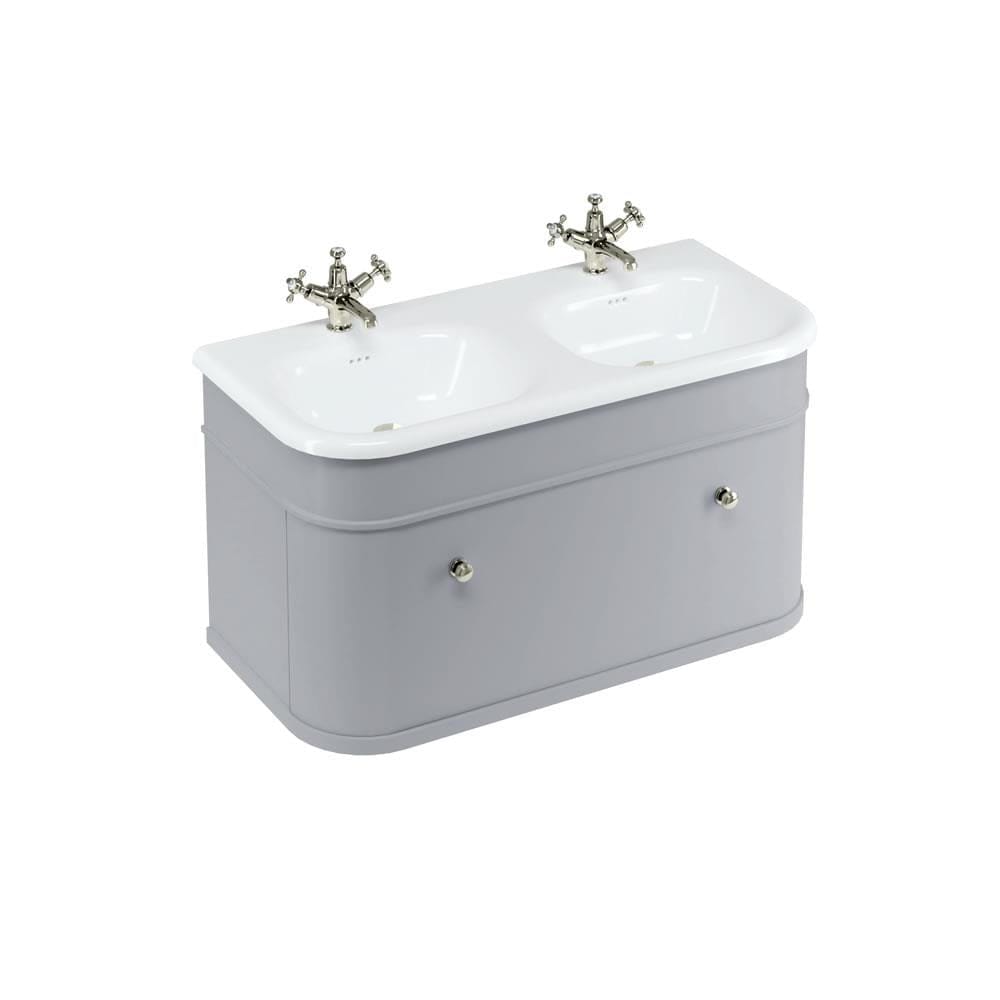 Burlington Double Sink Vanity Unit Classic Grey / Natural Stone Roll Top Basin - 1 Tap Hole / Brushed Nickel Burlington Chalfont 1000mm Wall Mounted Single Drawer Vanity Unit with Double Basin