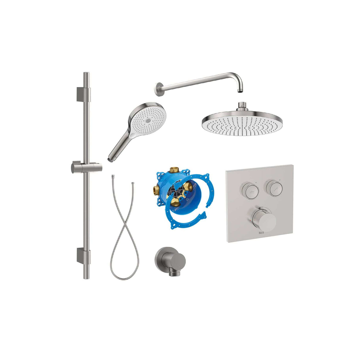 Roca Concealed Shower Set Stainless Steel Effect Roca T-3000 Square Switch Thermostatic Concealed Shower Valve with Rainshower Head, Shower Handset and Slide Rail Set