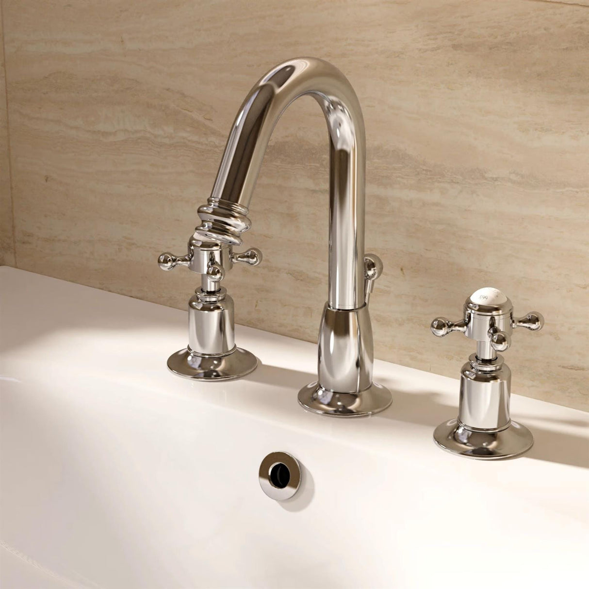 Crosswater 3 Tap Hole Basin Set Crosswater Belgravia Crosshead 3 Hole Curved Basin Mixer Tap with Pop-Up Waste in Chrome