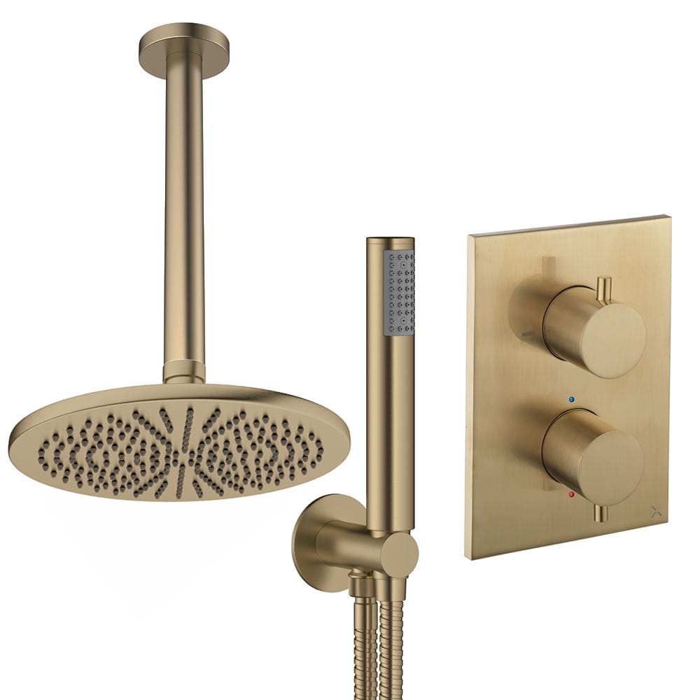 UK Bathroom Store Concealed Shower Set Brushed Brass / Ceiling Arm / 300mm Crosswater Crossbox Shower Set 3 - 2 Outlet with Pencil Handset and Fixed Overhead Shower