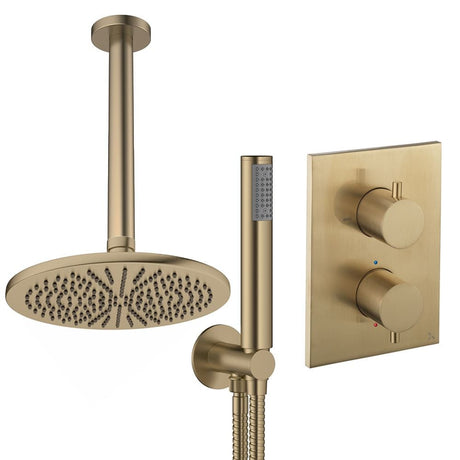 UK Bathroom Store Concealed Shower Set Brushed Brass / Ceiling Arm / 300mm Crosswater Crossbox Shower Set 3 - 2 Outlet with Pencil Handset and Fixed Overhead Shower