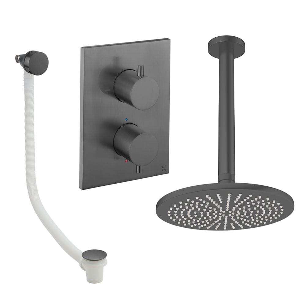 UK Bathroom Store Concealed Shower Set Slate / Ceiling Arm / 300mm Crosswater Crossbox Shower Set 7 - 2 Outlet with Fixed Overhead Shower and Overflow Bath Filler Waste
