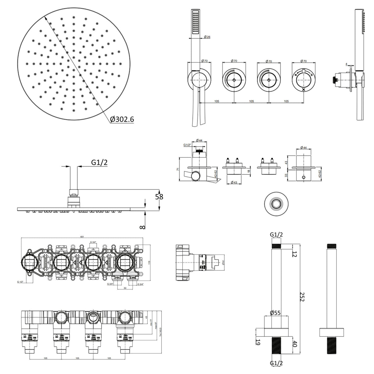 UK Bathroom Store Concealed Shower Set Crosswater Module Shower Set 8 - 2 Outlet with Pencil Handset and Overhead Shower