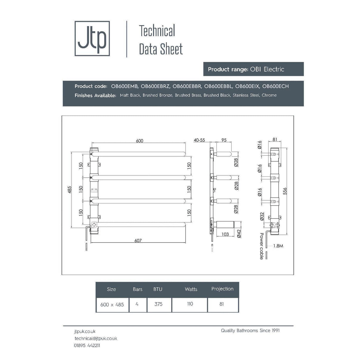 JTP Designer Towel Radiator JTP Obi Designer Towel Radiator - 600 x 485 - Electric Only - Brushed Bronze