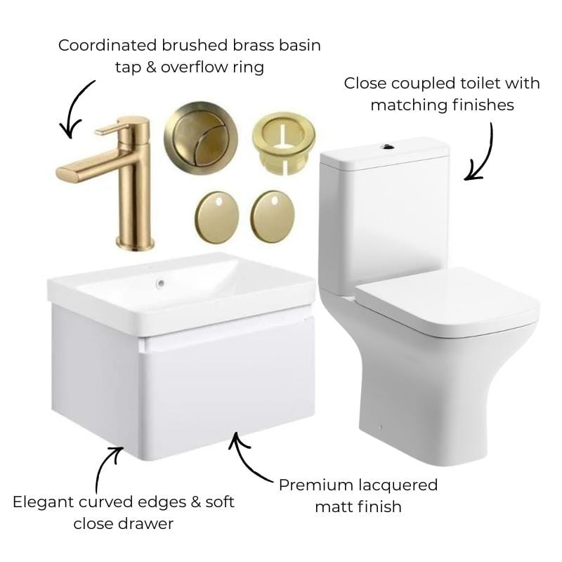 Aquarius Bathrooms Suites Aquarius Sophie 605mm Wall Hung Vanity Unit, Close Coupled Toilet, Tap and Fittings Bundle