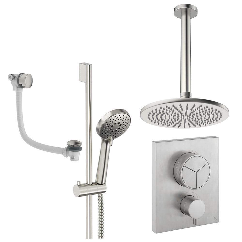 UK Bathroom Store Concealed Shower Set Brushed Nickel / Ceiling Arm / 300mm Crosswater Crossbox Push Shower Set 8 - 3 Outlet with Fixed Overhead Shower, Slide Rail Kit and Overflow Bath Filler Waste