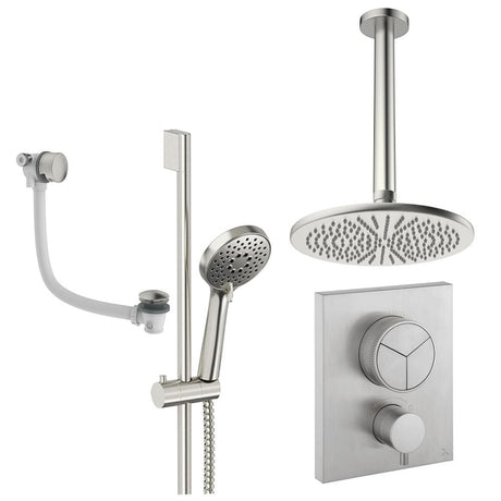 UK Bathroom Store Concealed Shower Set Brushed Nickel / Ceiling Arm / 300mm Crosswater Crossbox Push Shower Set 8 - 3 Outlet with Fixed Overhead Shower, Slide Rail Kit and Overflow Bath Filler Waste