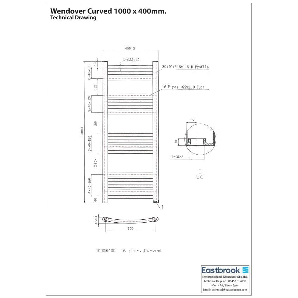 Eastbrook Ladder Rail Eastbrook Wendover Curved Vertical Heated Towel Rail in Chrome