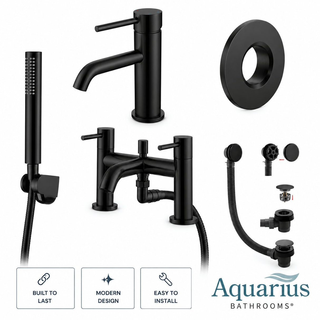 Aquarius Bathrooms Bath Shower Mixer Matt Black Aquarius RF-Series Complete Bath and Basin Brassware Pack with Basin Tap, Bath and Shower Mixer and Wastes