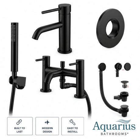 Aquarius Bathrooms Bath Shower Mixer Matt Black Aquarius RF-Series Complete Bath and Basin Brassware Pack with Basin Tap, Bath and Shower Mixer and Wastes