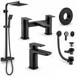 Aquarius Bathrooms Exposed Shower Set Matt Black Aquarius Hydro Complete Shower Brassware Pack with Basin Mixer, Bath Mixer & Round Exposed Shower