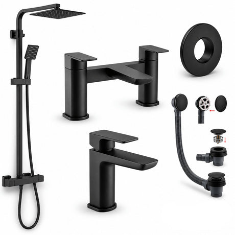 Aquarius Bathrooms Exposed Shower Set Matt Black Aquarius Hydro Complete Shower Brassware Pack with Basin Mixer, Bath Mixer & Round Exposed Shower