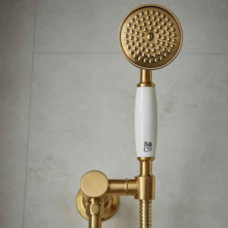 Vado Shower Handset Brushed Brass/Crackled White Booth & Co. Axbridge Single Function Shower Handset with Hose, and Intergrated Outlet and Bracket