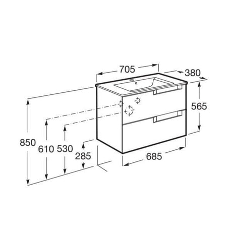 Roca Wall Mounted Vanity Unit Roca Aleyda Compact 700mm Wall Mounted Two Drawer Vanity Unit with Basin