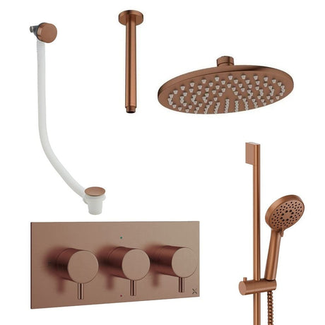 Crosswater Concealed Shower Set Brushed Bronze / Ceiling Arm / 200mm Crosswater Design 3 Handle 3 Outlet Shower Set 9 with Slide Rail Kit, Rainfall Head and Overflow Bath Filler