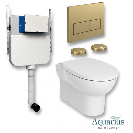 Aquarius Bathrooms Back To Wall Toilet Brushed Brass / Square Aquarius Urbano Rimless Back to Wall Toilet Pack with Cistern, Flush Plate, Soft Closing Seat and Hinge Covers
