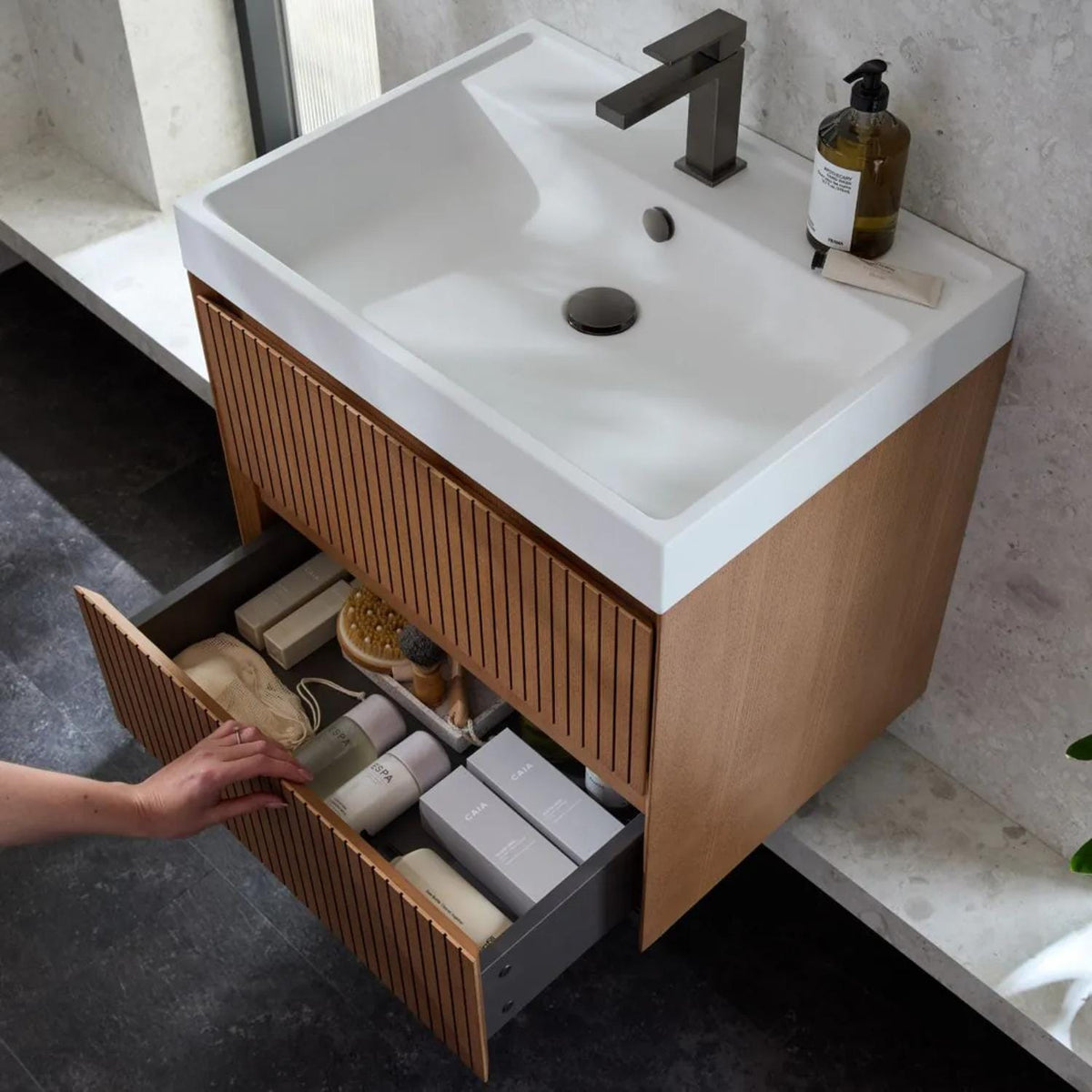 Vado Wall Mounted Vanity Unit Vado Groove Fluted Wall Mounted Two Drawer Vanity Unit with Basin
