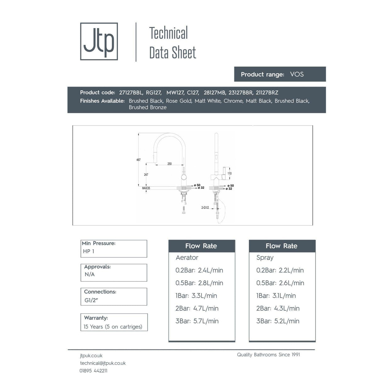JTP Kitchen Tap JTP VOS Single Lever Pull Out Kitchen  Mixer Tap