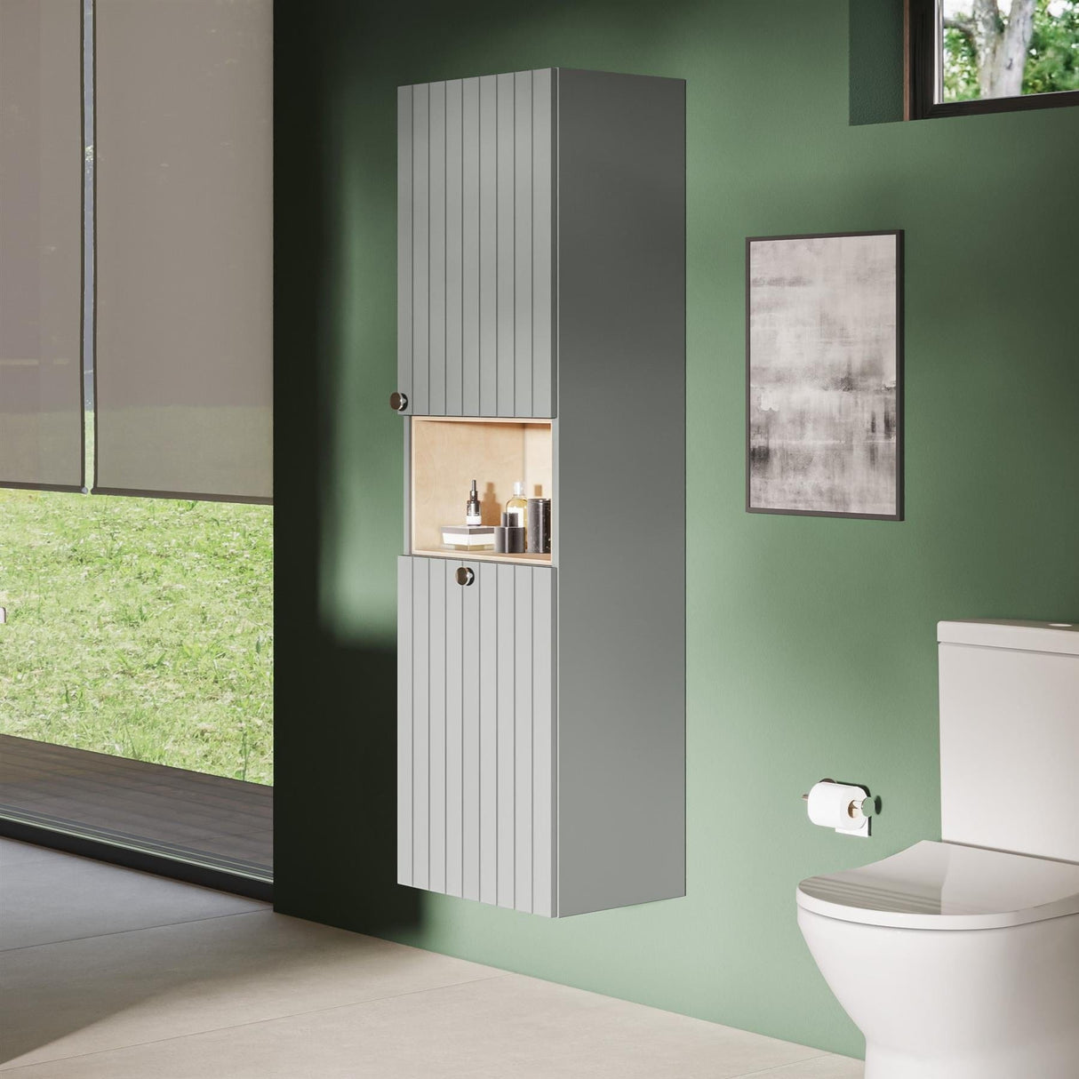 VitrA Storage Unit Matt Fjord Green / Right VitrA Root Groove Wall Mounted Storage Cabinet with Open Shelf and Laundry Basket 1500 x 420mm