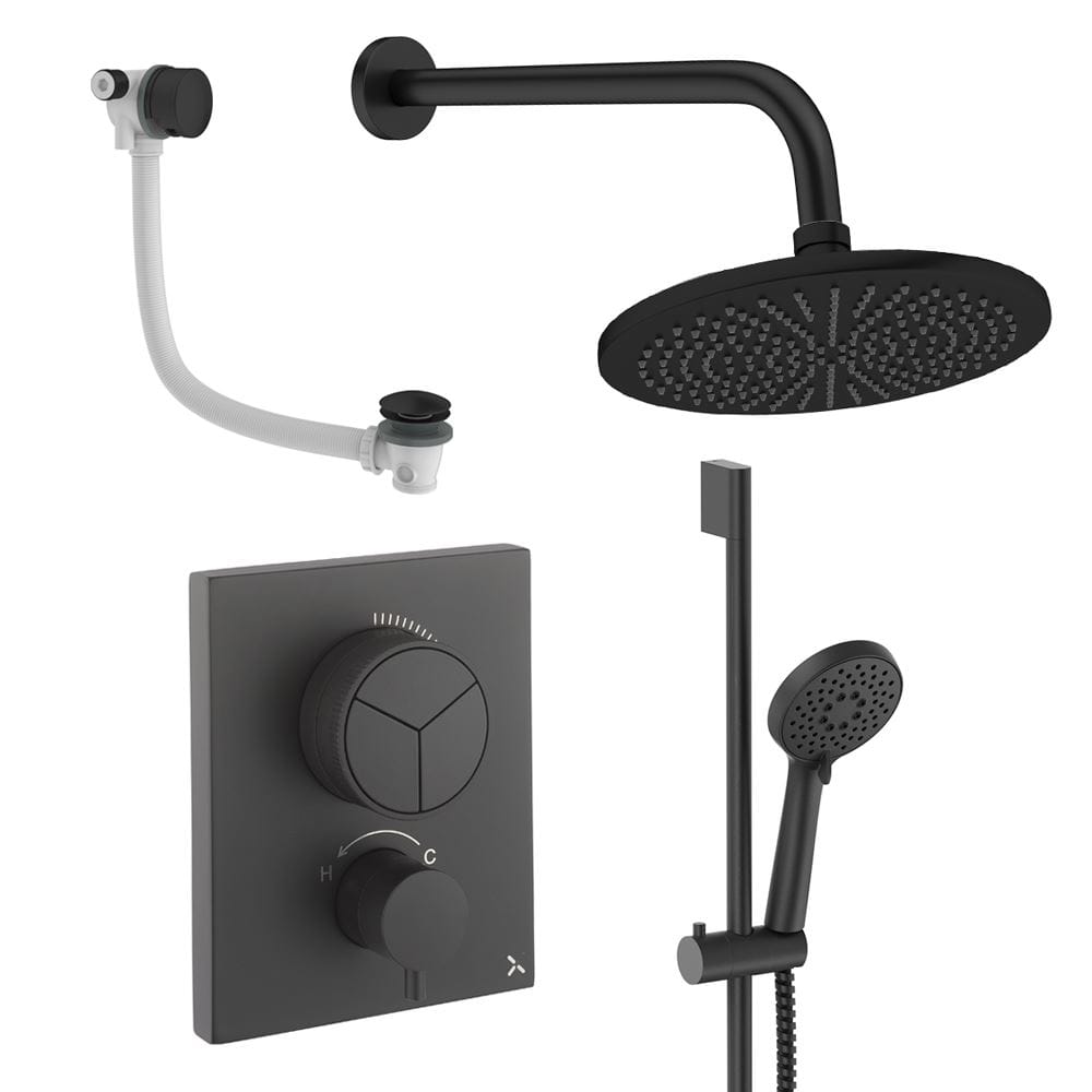UK Bathroom Store Concealed Shower Set Matt Black / Wall Arm / 300mm Crosswater Crossbox Push Shower Set 8 - 3 Outlet with Fixed Overhead Shower, Slide Rail Kit and Overflow Bath Filler Waste