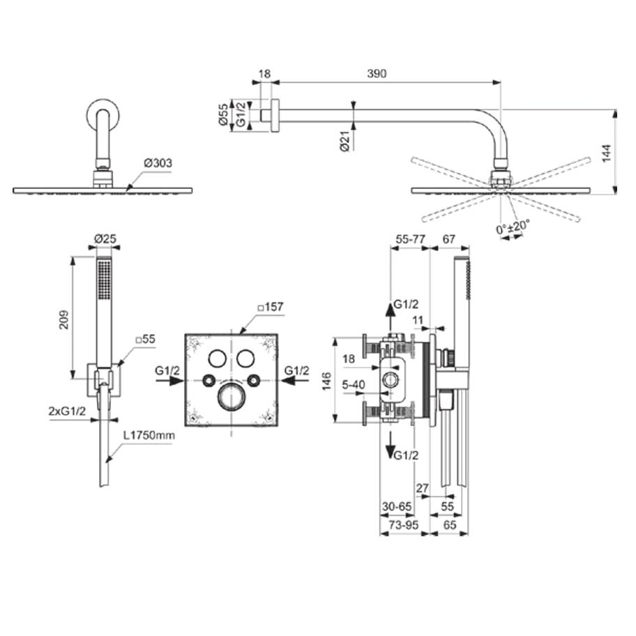 Ideal Standard Concealed Shower Set Ideal Standard Ceratherm Navigo Concealed Thermostatic Shower Valve Set with Square Showerhead and Pencil Handset in Chrome