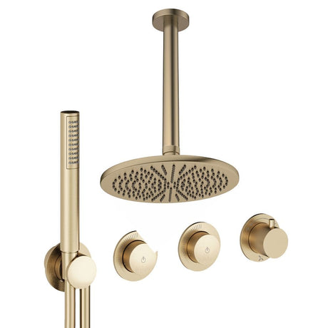 UK Bathroom Store Concealed Shower Set Brushed Brass / Ceiling Arm / 300mm Crosswater Module Shower Set 8 - 2 Outlet with Pencil Handset and Overhead Shower