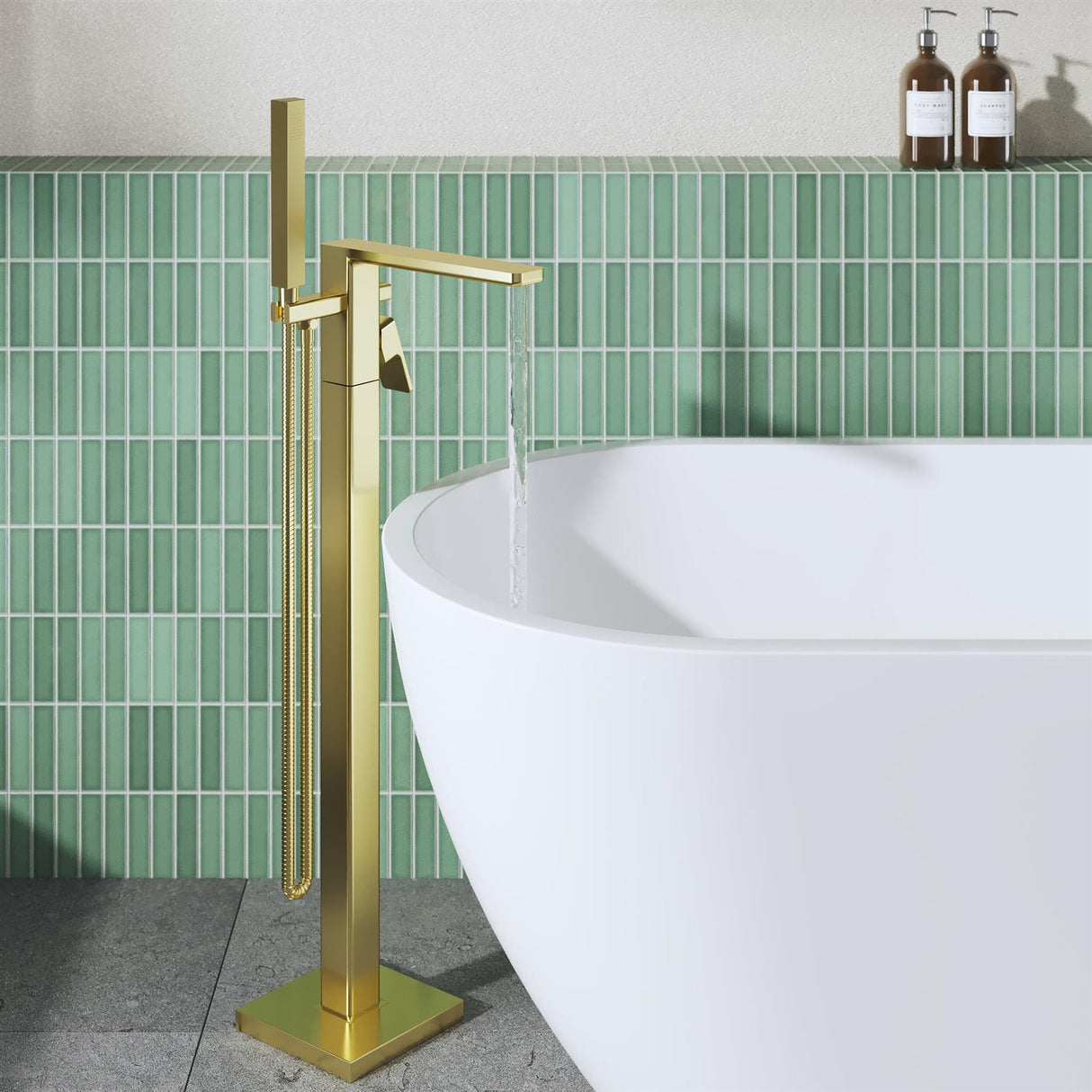 Aquarius Bathrooms Freestanding Bath Filler Brushed Brass Aquarius Tetra Freestanding Bath Mixer Tap with Pencil Shower Handset