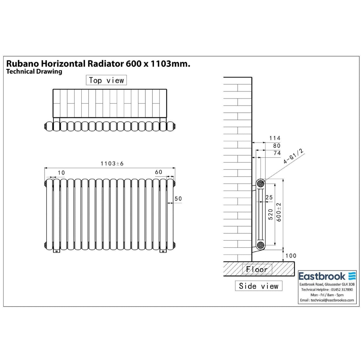 Eastbrook Column Radiator Eastbrook Rubano Straight Horizontal Traditional Column Radiator in Gloss White