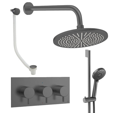 Crosswater Concealed Shower Set Slate / Wall Arm / 300mm Crosswater Design 3 Handle 3 Outlet Shower Set 9 with Slide Rail Kit, Rainfall Head and Overflow Bath Filler
