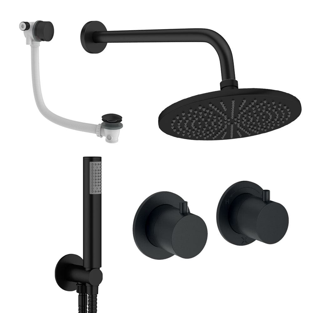 UK Bathroom Store Concealed Shower Set Matt Black / Wall Arm / 300mm Crosswater Module Shower Set 6 - 3 Outlet with Overhead Shower, Handset and Overflow Bath Filler