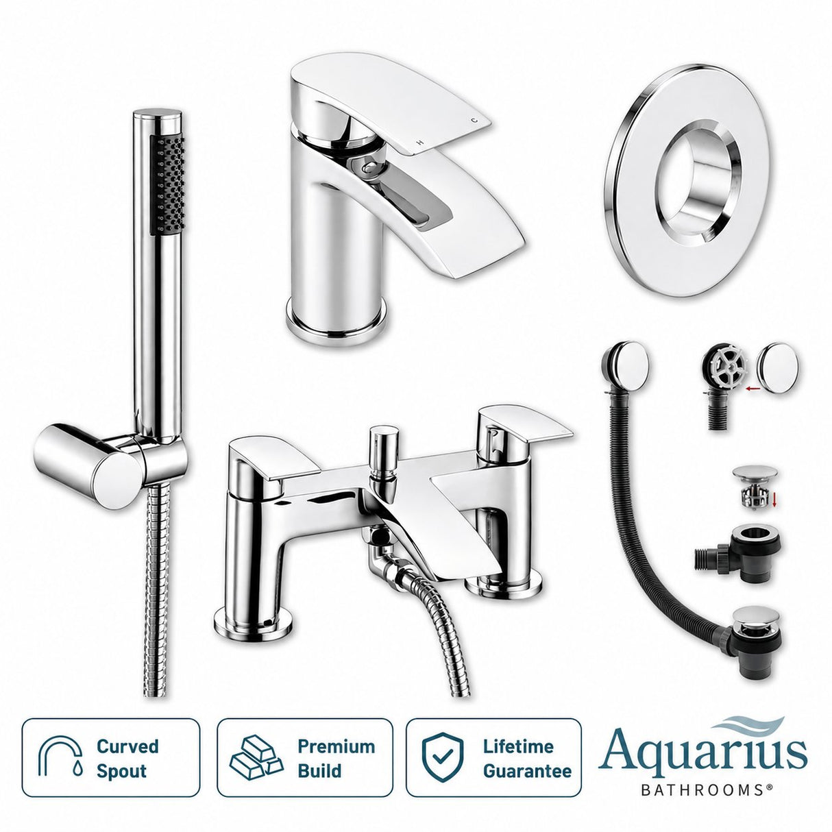 Aquarius Bathrooms Bath Shower Mixer Chrome Aquarius Arc Complete Brassware Pack with Basin Tap, Bath and Shower Mixer