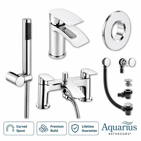 Aquarius Bathrooms Bath Shower Mixer Chrome Aquarius Arc Complete Brassware Pack with Basin Tap, Bath and Shower Mixer