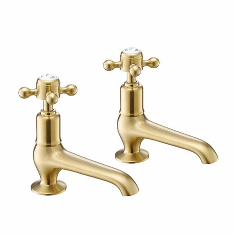 JTP Pillar Basin Tap Brushed Brass JTP Grosvenor Cross Long Nose Basin Pillar Taps (Pair)
