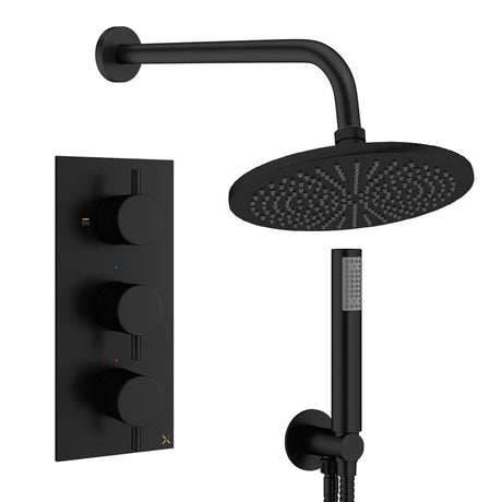 Crosswater Concealed Shower Set Matt Black / Wall Arm / 300mm Crosswater Design 3 Handle 2 Outlet Shower Set 7 with Pencil Handset and Rainfall Shower Head