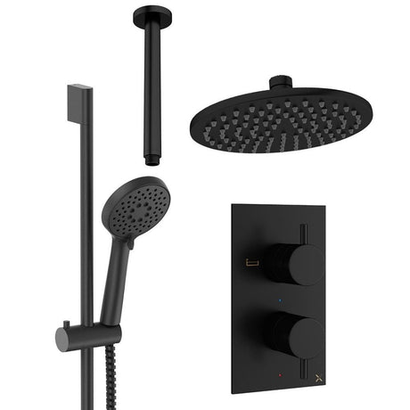 Crosswater Concealed Shower Set Matt Black / Ceiling Arm / 200mm Crosswater Design 2 Handle 2 Outlet Shower Set 4 with Rainfall Head and Slide Rail Kit