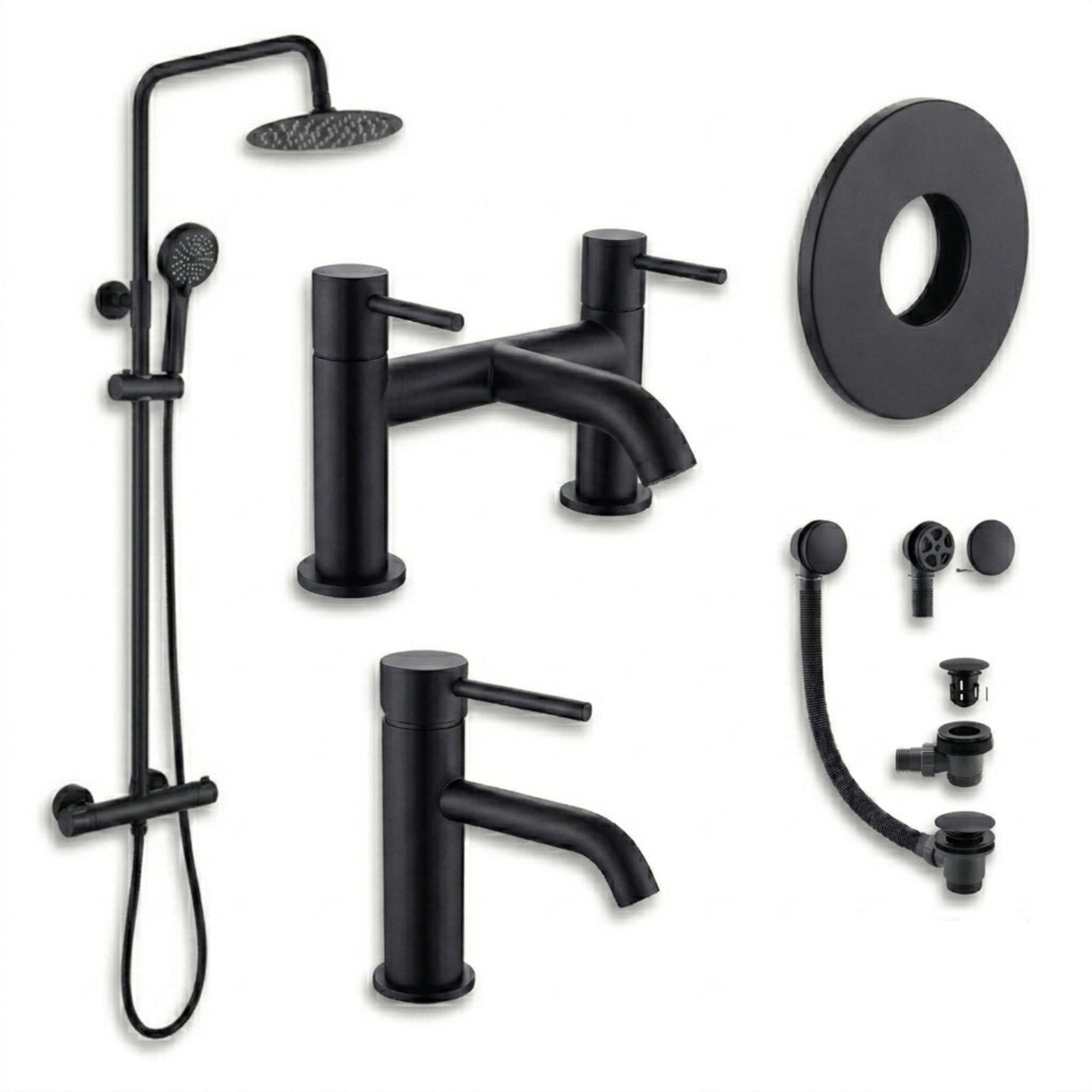 Aquarius Bathrooms Exposed Shower Set Matt Black Aquarius RF-Series Complete Shower Brassware Pack with Basin Mixer, Bath Mixer & Exposed Shower