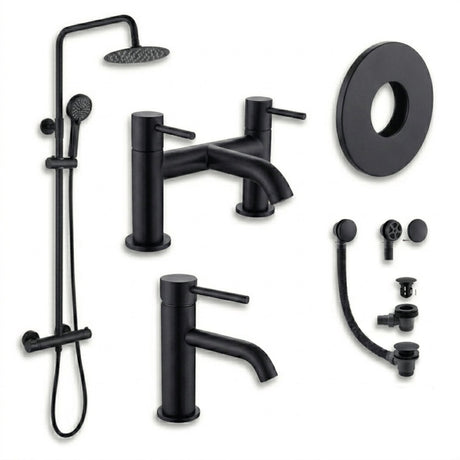 Aquarius Bathrooms Exposed Shower Set Matt Black Aquarius RF-Series Complete Shower Brassware Pack with Basin Mixer, Bath Mixer & Exposed Shower