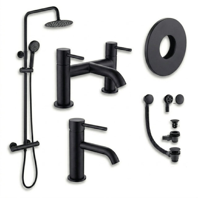 Aquarius Bathrooms Exposed Shower Set Matt Black Aquarius RF-Series Complete Shower Brassware Pack with Basin Mixer, Bath Mixer & Exposed Shower
