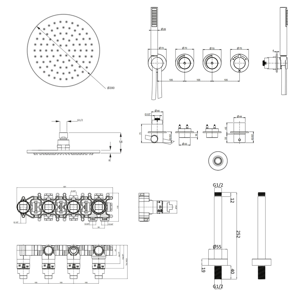 UK Bathroom Store Concealed Shower Set Crosswater Module Shower Set 8 - 2 Outlet with Pencil Handset and Overhead Shower