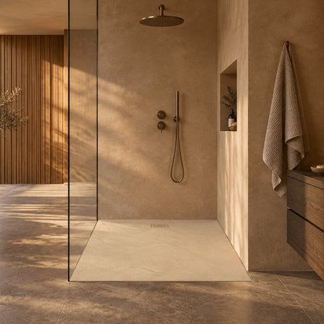 Aquarius Bathrooms Rectangle Shower Tray Aquarius Honiston Mineral Composite Slate Effect Shower Tray in Beige