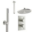 Crosswater Concealed Shower Set Brushed Nickel / Ceiling Arm / 200mm Crosswater Design 2 Handle 2 Outlet Thermostatic Shower Set with Rainfall Head and Pencil Handset