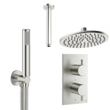 Crosswater Concealed Shower Set Brushed Nickel / Ceiling Arm / 200mm Crosswater Design 2 Handle 2 Outlet Thermostatic Shower Set with Rainfall Head and Pencil Handset