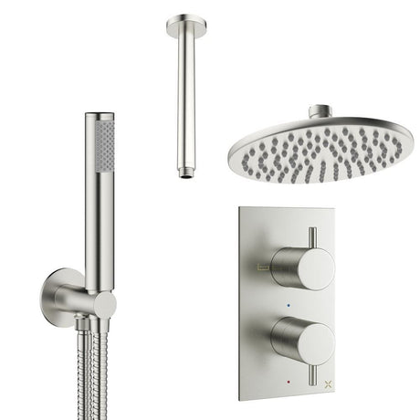 Crosswater Concealed Shower Set Brushed Nickel / Ceiling Arm / 200mm Crosswater Design 2 Handle 2 Outlet Thermostatic Shower Set with Rainfall Head and Pencil Handset