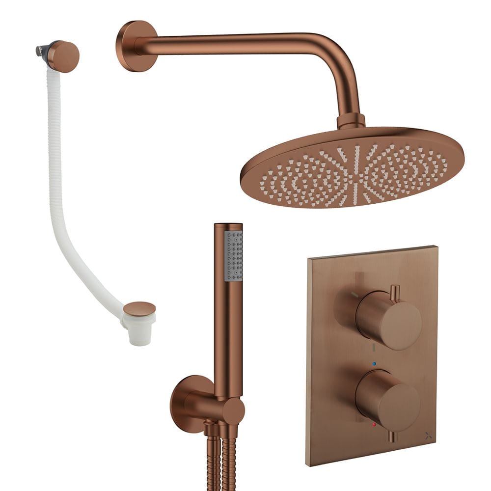 UK Bathroom Store Concealed Shower Set Brushed Bronze / Wall Arm / 300mm Crosswater Crossbox Shower Set 9 - 3 Outlet with Fixed Overhead Shower,Pencil Handset and Overflow Bath Filler Waste